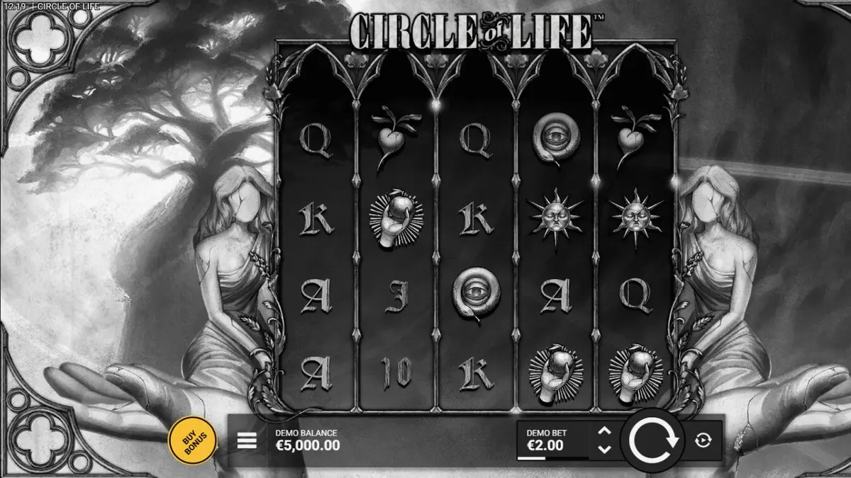 Interface do jogo Circle of Life com elementos naturais e monocromáticos
