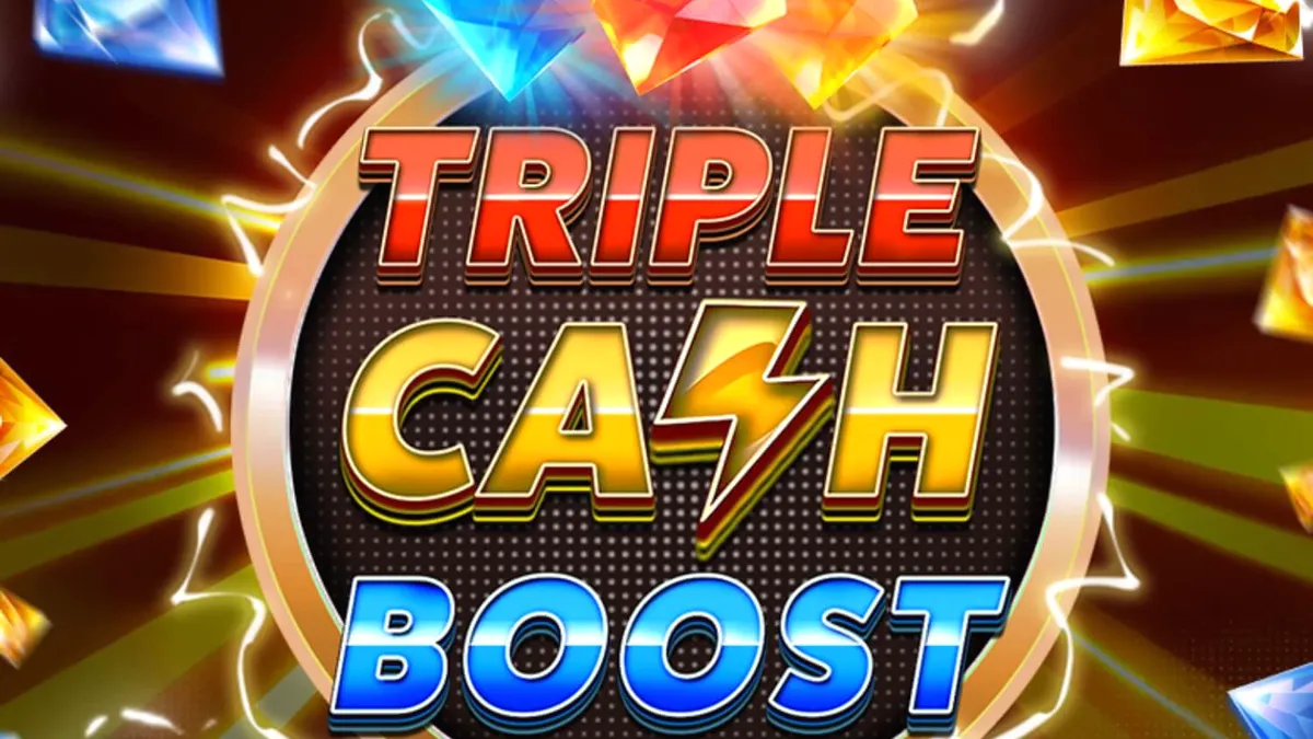 Visual neon e futurista do slot Triple Cash Boost com símbolos de frutas brilhantes