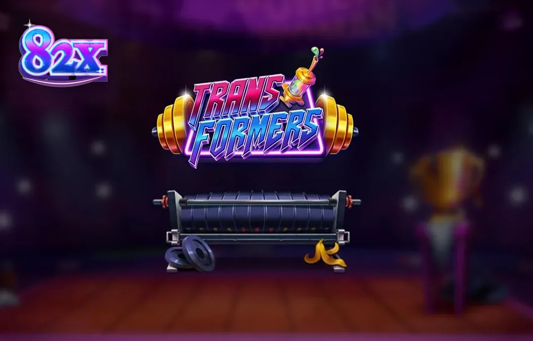 Interface do jogo de slot Transformers com estética neon e personagens musculosos.